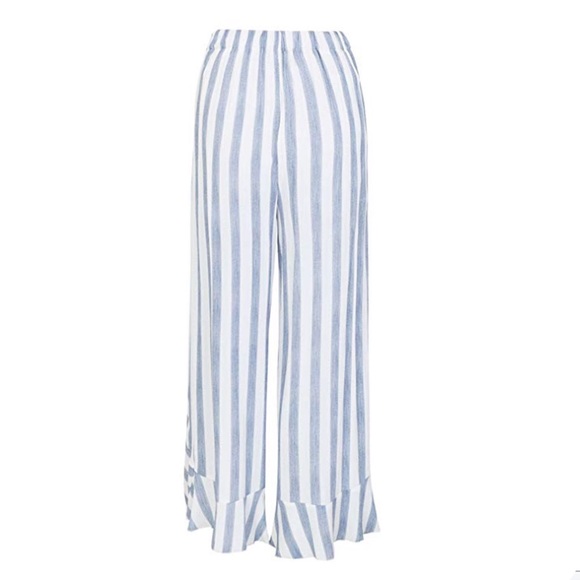 High Waisted Chiffon Striped Palazzo Pants Ruffles - Picture 7 of 13